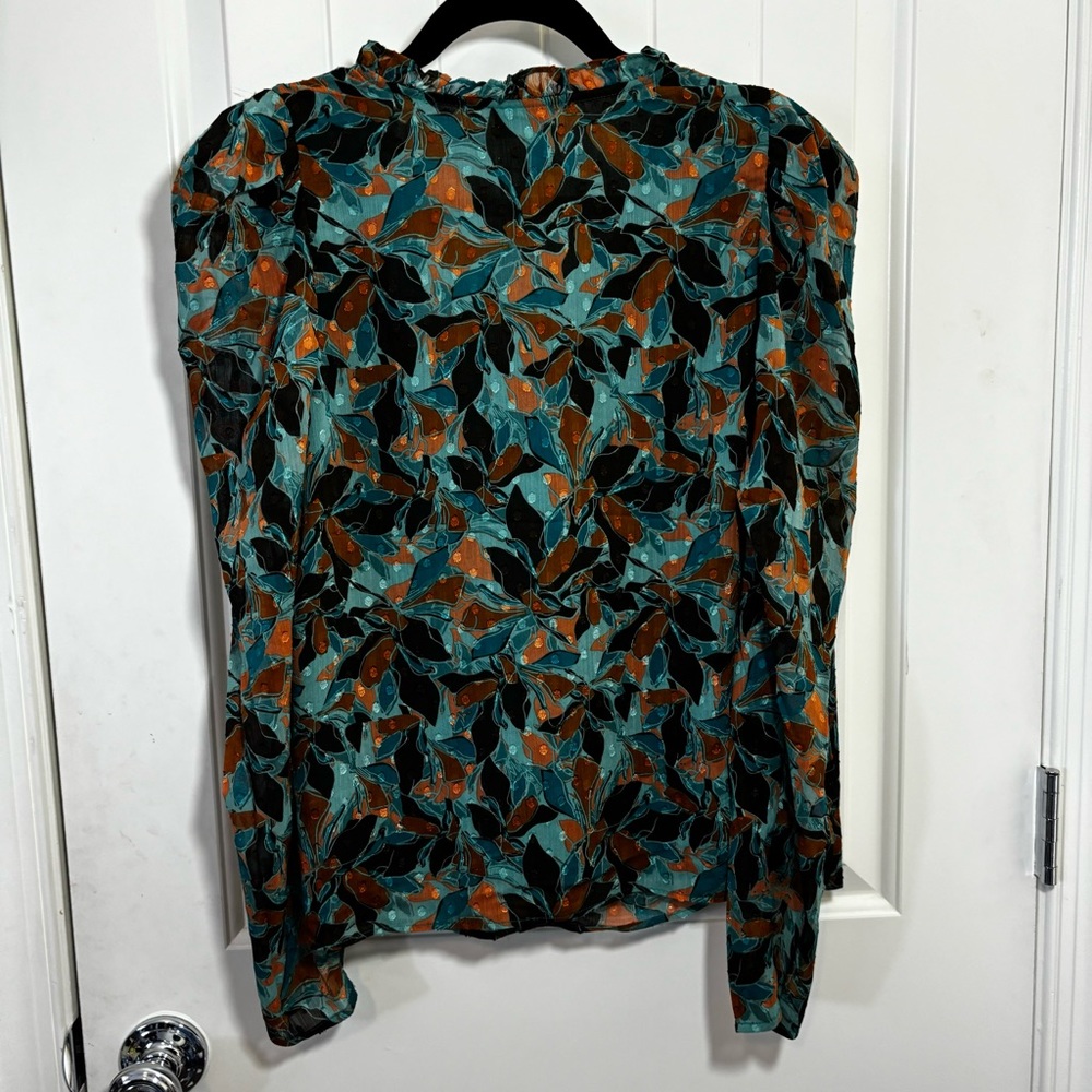 Joie Tie Front Balloon Sleeve Paisley Print Peasant Blouse Teal Brown NWT - S